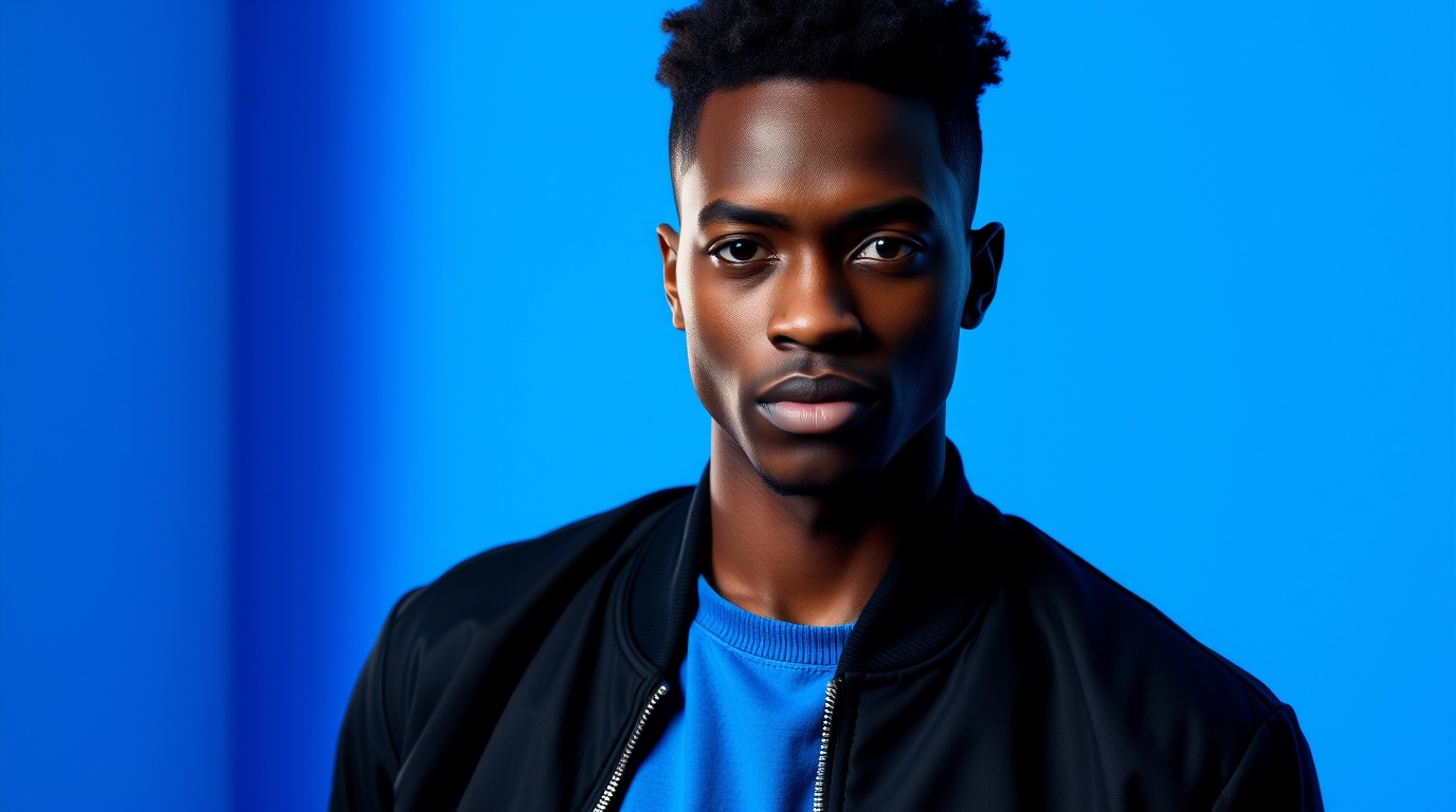 Studio portrait, intense dramatic lighting, sculptural clay art. young african male, bright blue background. black bomber jacket, blue shirt. bright vibrant colors, textured, high contrast